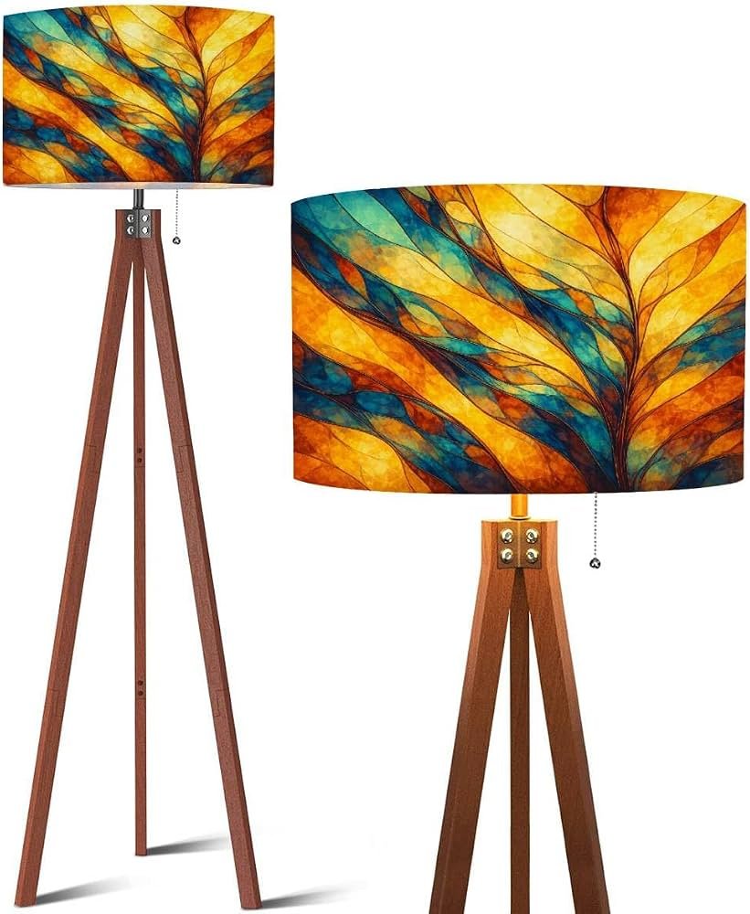 Wood Tripod Floor Lamp Colorful stained glass window Abstract